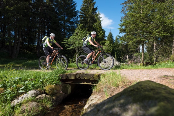 Zwei Mountainbike-Fahrer fahren über eine Holzbrücke