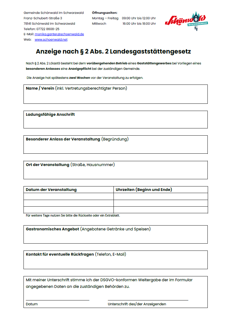 Formular zur Anzeige eines vorübergehenden Betriebs eines Gaststättengewerbes nach § 2 Abs. 2 Landesgaststättengesetzes